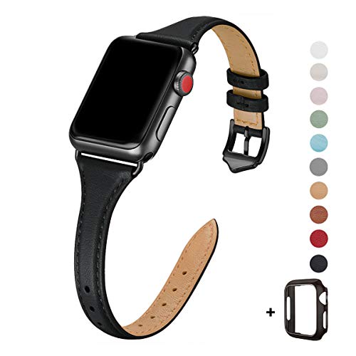 Product Cover WFEAGL Leather Bands Compatible with Apple Watch 42mm 44mm, Top Grain Leather Band Slim & Thin Wristband for iWatch Series 5 & Series 4/3/2/1 (Black Band+Black Adapter,42mm 44mm Small & Middle Size)