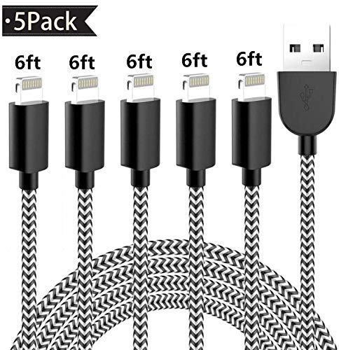 Product Cover MOLATIN iPhone Charger Cable 5Pack 6FT iPhone Lightning Cable Long Nylon Braided iPhone Cord USB iPhone Data Cables Wire Fast Charging Cord Compatible iPhone 11/XS/MAX/XR/X/8/7/6/iPad/iPod (Black)