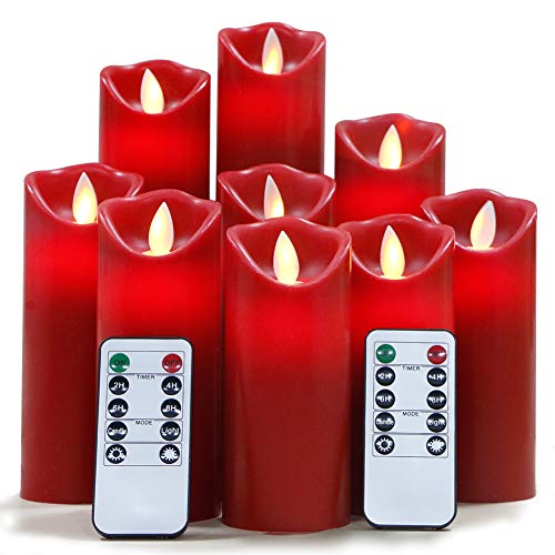 Product Cover Flameless Candles Flickering Light Pillar Real Smooth Wax with Timer and 10-Key Remote for Wedding,Votive,Yoga and Decoration(Set of 9) (redred)