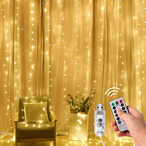 Product Cover LOMEZI Window Curtain String Light, 300 LED 9.8ftX9.8ft Twinkle Lights with USB, 8 Modes Remote Control for Home, Wedding, Bedroom, Indoor, Warm White