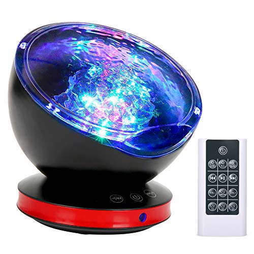 Product Cover [New Version]Ocean Wave Projector 12 LED Remote Control Undersea Projector Lamp, 8 Color Changing Music Player LED Night Light Projector for Kids Adult Bedroom Living Room Decoration (Black)