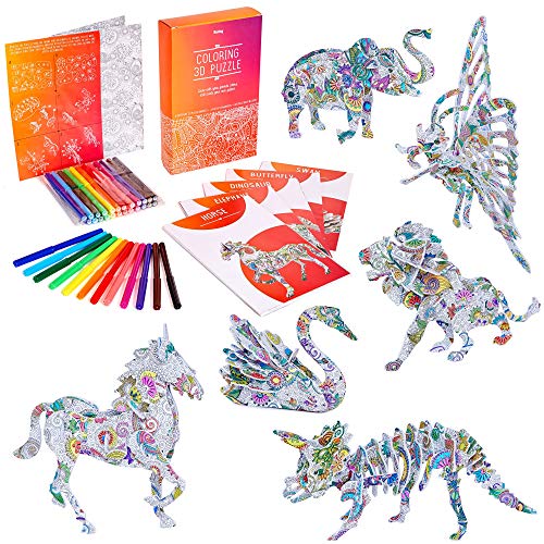 Product Cover 3D Coloring Puzzle Set for Kids - 3D Puzzles Gift Set with 6 Animals - Arts and Crafts for Girls and Boys Ages 7 8 9 10 11 12 - Fun Art Creative DIY Project Kit - 6 Pack with Pen Markers