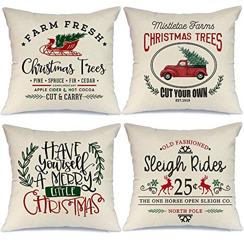 Product Cover AENEY Farmhouse Christmas Pillow Covers 18x18 inch Set of 4 for Home Decor Red Truck Christmas Decor Winter Holiday Rustic Farm Sign Christmas Pillows Christmas Decorations Throw Pillow Covers