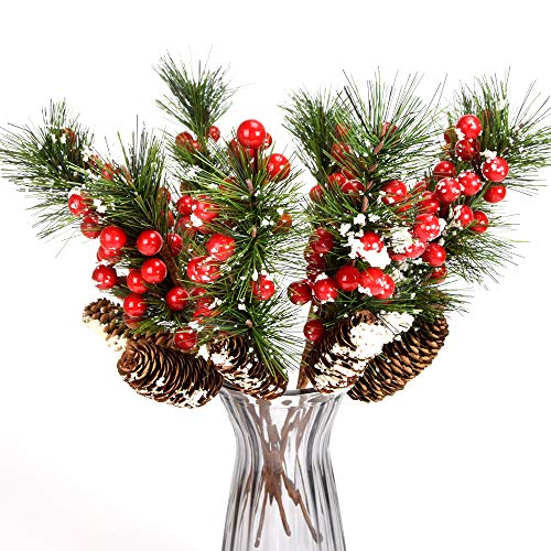 Product Cover YSBER 14 Inch Artificial Berries Branch Plastic Fake Flowers 8 Pieces-Snow Flocked Red Holly Berry Pine Cone for DIY Christmas Crafts Party Festive Home Décor