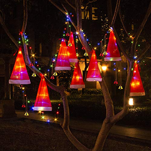 Product Cover B-Land Christmas Decorations Outdoor 8Pcs Hanging Lighted Glowing Santa Hat with 14Pcs Small Décor Bells 33ft Christmas Lights String Battery Operated with 8 Lighting Modes for Outdoor, Yard, Tree