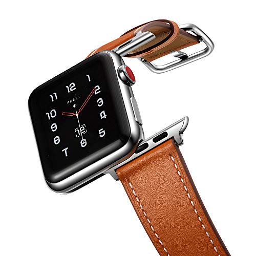 Product Cover amBand Leather Band Compatible with Apple Watch 42mm 44mm, Genuine Leather Vintage Replacement Strap Classic Bands Buckle Compatible with iWatch Series 5/4/3/2/1 Brown