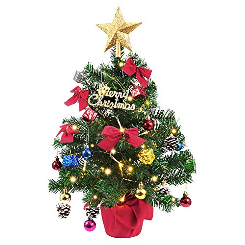Product Cover LUNSY Christmas Tree Artificial Xmas Tree with 40 LED String Lights and Ornaments 24 inch Tabletop Pine Christmas Tree Decoration Tree Decor