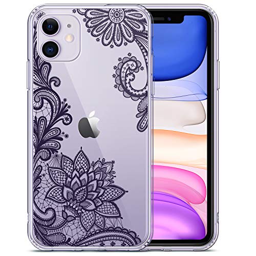 Product Cover GVIEWIN Noble Series Designed for iPhone 11 Case, Clear Soft TPU & Hard Back with Floral Pattern Slim Lightweight Graceful Cover for iPhone 11 6.1 Inch 2019 (Lace Lotus/Dark Purple)