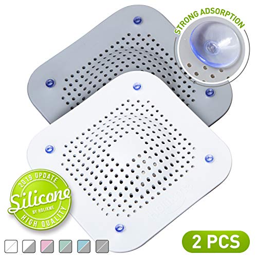 Product Cover Holikme Drain Hair Catcher Shower Drain Cover, 2 Pack Silicone Drain Protector with 12 Detachable Suckers, Shower Drain Hair Trap for Tub,Bathroom,Kitchen,Bathtub,Sink,Wash Basin, White/Grey