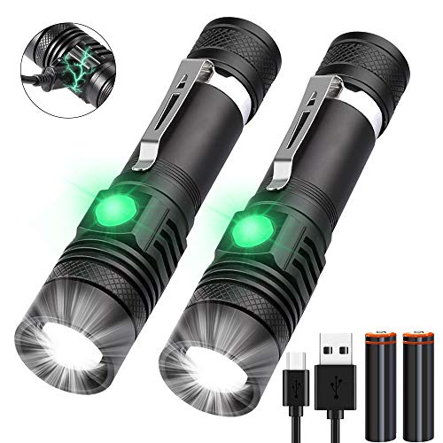 Product Cover Rechargeable Flashlight, LED Tactical Flashlights Include Battery - 4 Models, Zoomable, Waterproof, Vnina High Lumens Flashlight with Clip for Camping, Hiking and Outdoor [2 Pack] (Vnina-USB-001)