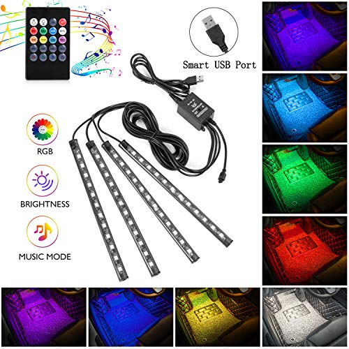 Product Cover Interior Car Lights, 4pcs 48 USB Car LED Strip Lights, MultiColor Music LED Interior Light Under Dash Lighting Kit with Sound Active Function and Wireless Remote Controller, DC 5V