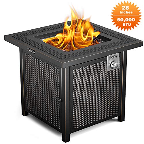 Product Cover TACKLIFE Propane Fire Pit Table, Outdoor Companion, 28 Inch 50,000 BTU Auto-Ignition Gas Fire Pit Table with Cover, CSA Certification and Strong Striped Steel Surface, Table in Summer, Stove in Winter