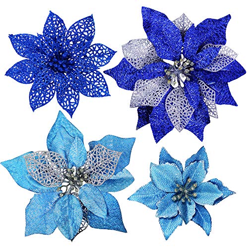 Product Cover Winlyn 23 Pcs Assorted Christmas Blue Glitter Poinsettia Flowers Picks Christmas Tree Ornaments for Winter Blue Christmas Tree Wreaths Garland Holiday Seasonal Wedding Decorations White Box Included