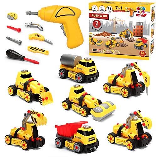 Product Cover 7 in 1 Take Apart Truck Construction Set - STEM Learning Toy w/ Electric Drill, DIY Engineering Building PlaySet w/ Lights, Sounds, Push & Go Educational Builder Set for Kids, Boys & Girls, Ages 4+