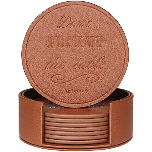 Product Cover Funny Coasters for Drinks with Holder Set of 8 | Brown Leather Drink Coaster, Housewarming Gifts, Unique Present for Friends, Men, Women, Birthday Party, Home Apartment Kitchen Bar Living Room Décor
