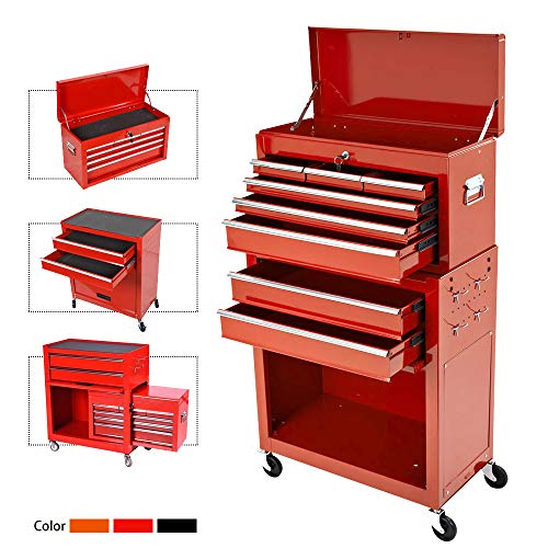 Product Cover 8-Drawer Rolling Tool Chest,Big Tool Chest and Tool Storage Cabinet,Tool Chest with 4 Wheels,Removable Portable Top Box with Lock Tool Chest for Garage and Warehouse-Red