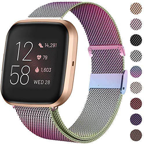 Product Cover HAPAW Bands Compatible with Fitbit Versa/Versa 2, Women Men Metal Stainless Steel Replacement Sport Bracelet Strap Wristbands Accessories Small Large with Magnet Lock for Versa Smartwatch