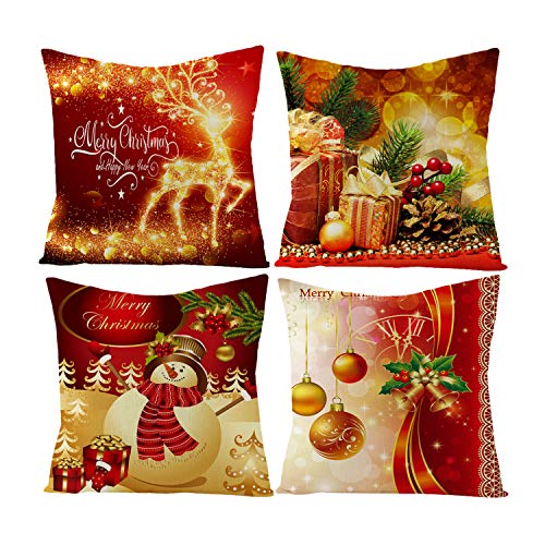 Product Cover 4PCS Christmas Throw Pillow Covers - Red Christmas Decorative Printing Cotton Covers Square 18x18 inch for Sofa Bed Couch