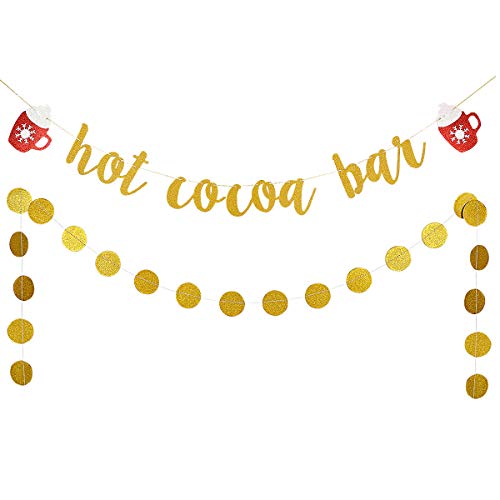 Product Cover Gold Glittery Hot Cocoa Bar Banner and Gold Glittery Circle Dots Garland- Christmas Party Decorations,Cocoa Bar Banner,Holiday Party Banner Decor