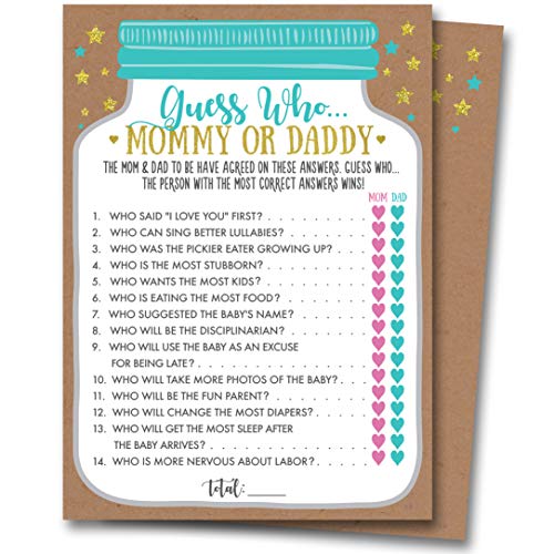 Product Cover Baby Shower Mommy Or Daddy Guess Who Game, 25 Cards - Gender Neutral Boy or Girl, Mason Jar Design, Baby Shower Games, Baby Shower Decorations, Baby Shower Favors, Gender Reveal