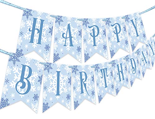 Product Cover Snowflake Happy Birthday Banner for Frozen Theme, Winter Wonderland 1st 2nd 3rd Birthday Party Decorations and Supplies