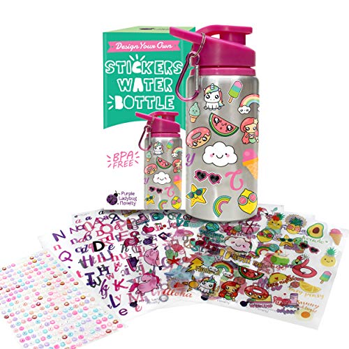 Product Cover Decorate & Personalize Your Own Water Bottle for Girls with Tons of Fun On-trend Stickers! BPA Free 20 oz Kids Water Bottle! Cute & Creative Gift Idea for Girl, Fun DIY Art and Craft KIt for Children