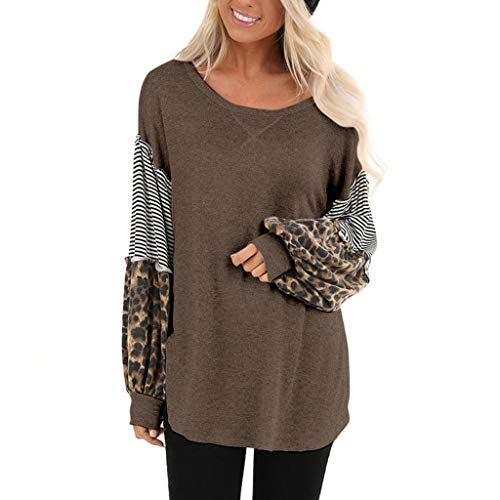 Product Cover Women Leopard Print Long Sleeve Splicing Striped Casual Tops Patchwork Oversized Pullovers Sweaters Jumper Top Sweatshirts