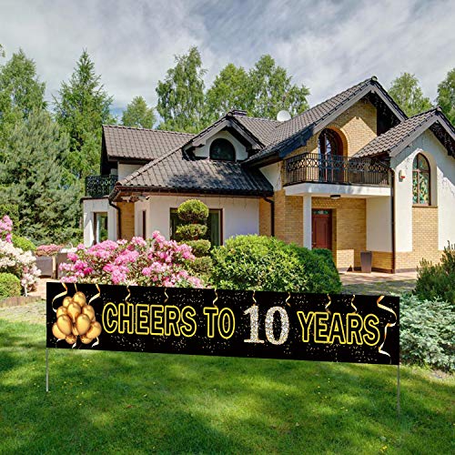 Product Cover Large Cheers to 10 Years Banner, Black Gold 10th Anniversary Party Sign, 10th Anniversary Banner(9.8feet X 1.6feet)