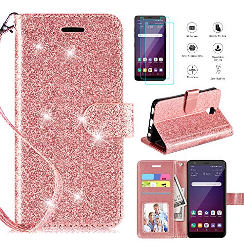 Product Cover Casekey LG Escape Plus Case,LG K30 2019 Case,Journey LTE,Arena 2,Tribute Royal Phone Case W Screen Protector Kickstand Card Slots Wrist Strap Magnetic Glitter Wallet Case-Rosegold