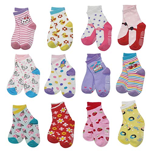 Product Cover 12 Pairs Kids Non Slip Skid Socks Grips Sticky Slippery Cotton Crew Socks For 1-3/3-5/5-7 Years Old Children Youth Boy Girl