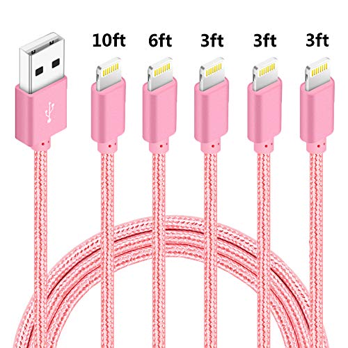 Product Cover iPhone Charger MFi Certified, Lightning Cable 5Pack-3/3/3/6/10ft Durable High-Speed Nylon Braided USB Fast Charging&Syncing Cord Compatible iPhone Max XS XR 8 Plus 7 Plus 6s 5s 5c Air iPad Mini (pink)