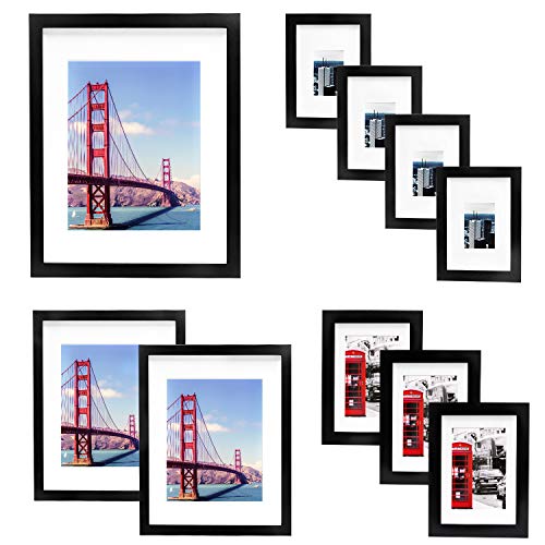 Product Cover Vsadey 10 Pack Picture Frames Collage Wooden Photo Frames Wall Gallery Kit for Wall and Home with Mat, One 11x14 in, Two 8x10 in, Three 5x7 in, Four 4x6 in, Black