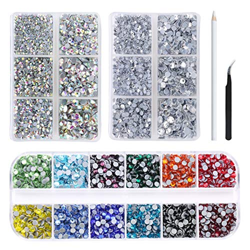 Product Cover Nibiru 6000Pcs Hotfix Rhinestone Flat Back Gemstone Crystal Set with Clear and Clear AB 6 Sizes Crystal and 12 Mixed Color SS12 Rhinestones for DIY Manicure, Face Art Clothes Bags