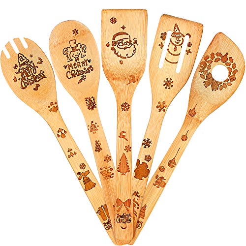 Product Cover 5 Pieces Christmas Spoons Bamboo Wooden Spoons Set Burned Cooking Utensils Spoon Christmas Kitchen Decoration for Christmas Gift House Present Supplies