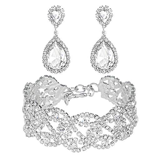 Product Cover Miraculous Garden Silver Plated Crystal Rhinestone Teardrop Drop Dangle Earrings Link Bracelet Jewelry Set for Women Girls,2 Pack Women's Bridal Wedding Party Bridesmaid Prom Jewelry Gift.