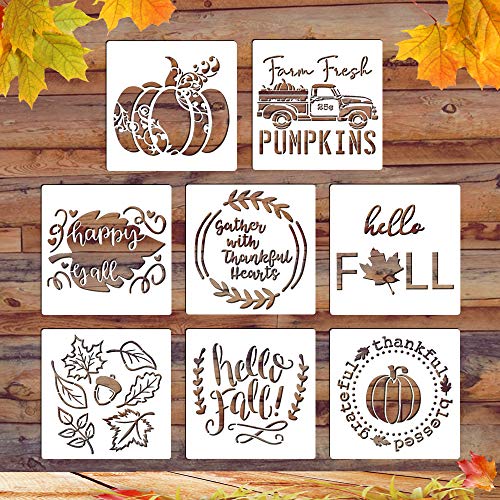 Product Cover 8Pcs Happy Fall Y'all Thanksgiving Reusable Porch Stencils (12in x 12in),Mold Kit for Painting Your Own Wooden Sign, Sturdy and Durable, Craft Art Painting Spray, Window, Glass, Wood, Airbrush