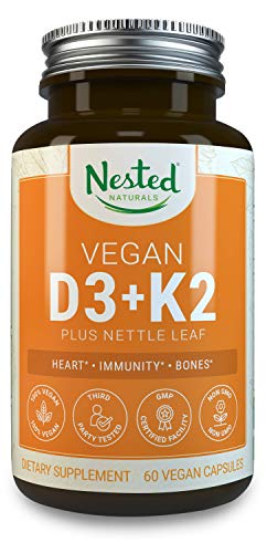 Product Cover Vegan Vitamin D3 + K2 Plus Nettle Leaf Supplement | 60 Vegan Capsules | 5000IU D3 Made from Lichen, with MK7 K2 Made from Chickpeas | Support Heart & Cardiovascular Health | 100% Non GMO, Gluten Free