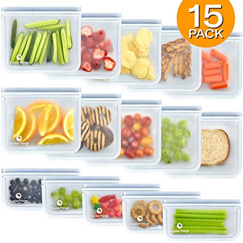 Product Cover 15 Pack FDA Grade Reusable Storage Bags (10 Sandwich & 5 Snack Bags), Leakproof Slicone & Plastic Free Ziploc Lunch Bags, Food Grade PEVA Sandwich Bags and Snack Bags