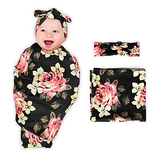 Product Cover LOKASS Baby Blanket Newborn Receiving Blanket Swaddle Blanket Peony Newborn Anti-Kicking Sleeping Bags Baby Blanket Headband Set