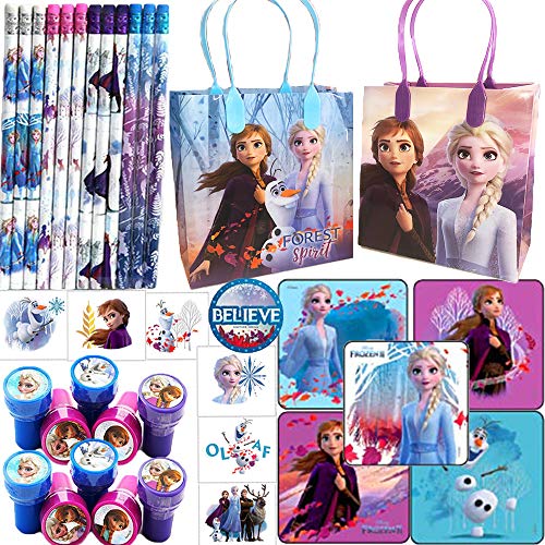 Product Cover Frozen 2 Birthday Party Goodie Bag Fillers and Party Favors Pack For 12 With Frozen 2 Pencils, Tattoos, Stickers, Reusable Goody Bags, Snowflake Stampers, and Frozen Inspired Pin