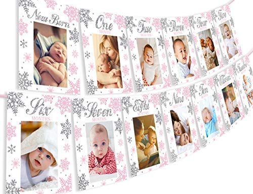 Product Cover Snowflake Winter Onederland Photo Banner - Milestone Monthly Newborn to 12 Months Photo Banner for Winter Frozen 1st Birthday Decorations Pink