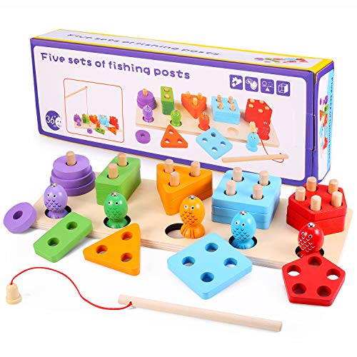 Product Cover Young for U Wooden Educational Preschool Toddler Toys for 3 4 5 Year Old Boys Girls Shape Color Recognition Geometric Board Blocks Stack Sort Infant Learning Toys for Kids Children