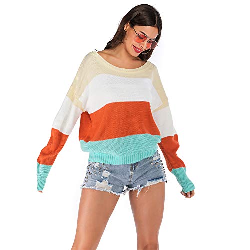 Product Cover Womens Color Block Sweater Loose Jumper Tops Lightweight Sweater Long Sleeve Knitted Pullover