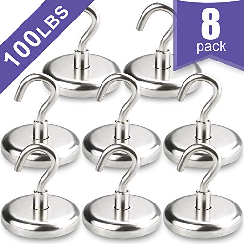 Product Cover BAVITE Heavy Duty Magnetic Hooks, Strong Neodymium Magnet Hook for Home, Kitchen, Workplace, Office and Garage, Hold up to 100 Pounds - 8pack