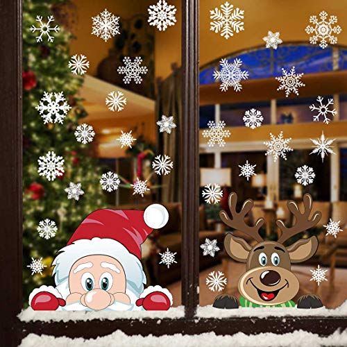 Product Cover Yusongirl Christmas Decorations Snowflake Window Stickers No-Adhesive Xmas Cling Decals Santa Claus Reindeer Peeking Stickers Party Supplies