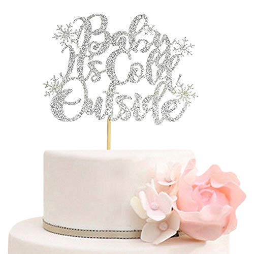 Product Cover Baby It's Cold Outside Cake Topper for Winter Baby Shower, Xmas Snowflake Party Decorations Silver Glitter