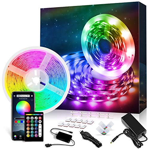 Product Cover 32.8 ft LED Strip Lights Music Sync LED Lights for Bedroom with RF Remote App Controlled with Built-in Mic Color Changing 5050 RGB LED Light Strip (32.8Ft APP+ Remote+ Mic)