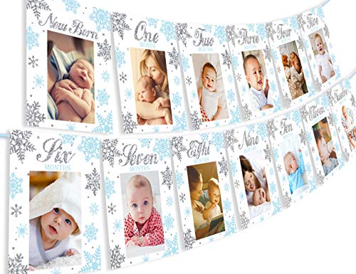 Product Cover Winter Onederland Snowflake Photo Banner - Monthly Milestone Newborn to 12 Months Banner for Frozen Winter Themed 1st Birthday Party Decorations Blue