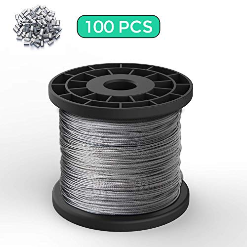 Product Cover REKOBON 1/16 Wire rope, 304 Stainless Steel Wire Cable, 328ft Length Aircraft Cable, 7x7 Strand Core, 368 lbs Breaking Strength with 100 Pcs Cable Ferrule(for 1/16)