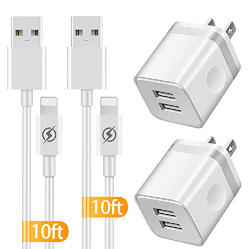 Product Cover IVELLTARE Phone Charger 10 ft Cable with Wall Plug (4 Pack), Dual USB Wall Charger Block with 2X10 Foot Long Charging Cord Compatible with Phone 11/11 Pro/11 Pro Max/Xs/Xs Max/XR/X 8/7/6/6S Plus, Pad